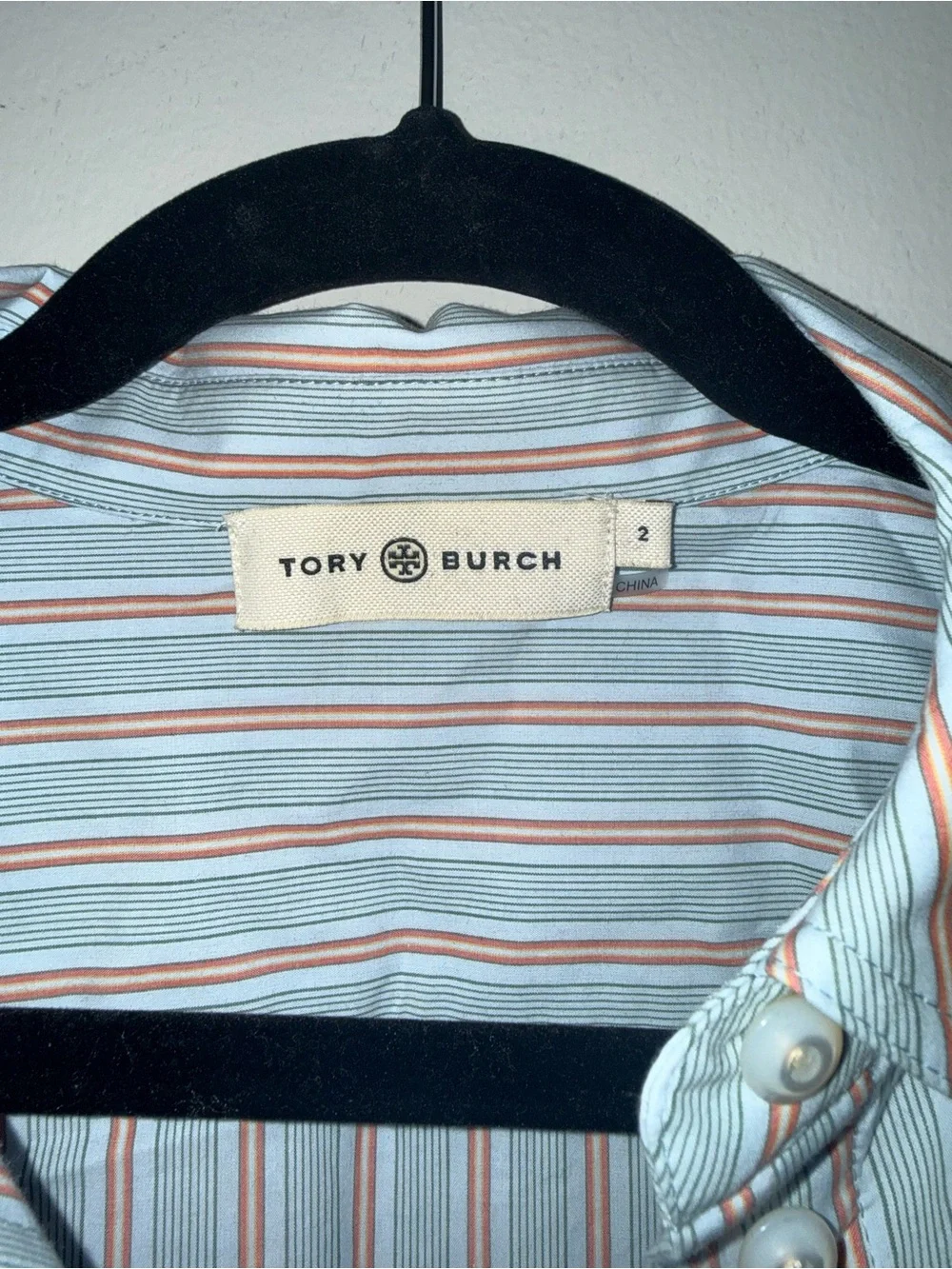 Tory Burch Light Blue and Coral Striped Button-Down Shirt